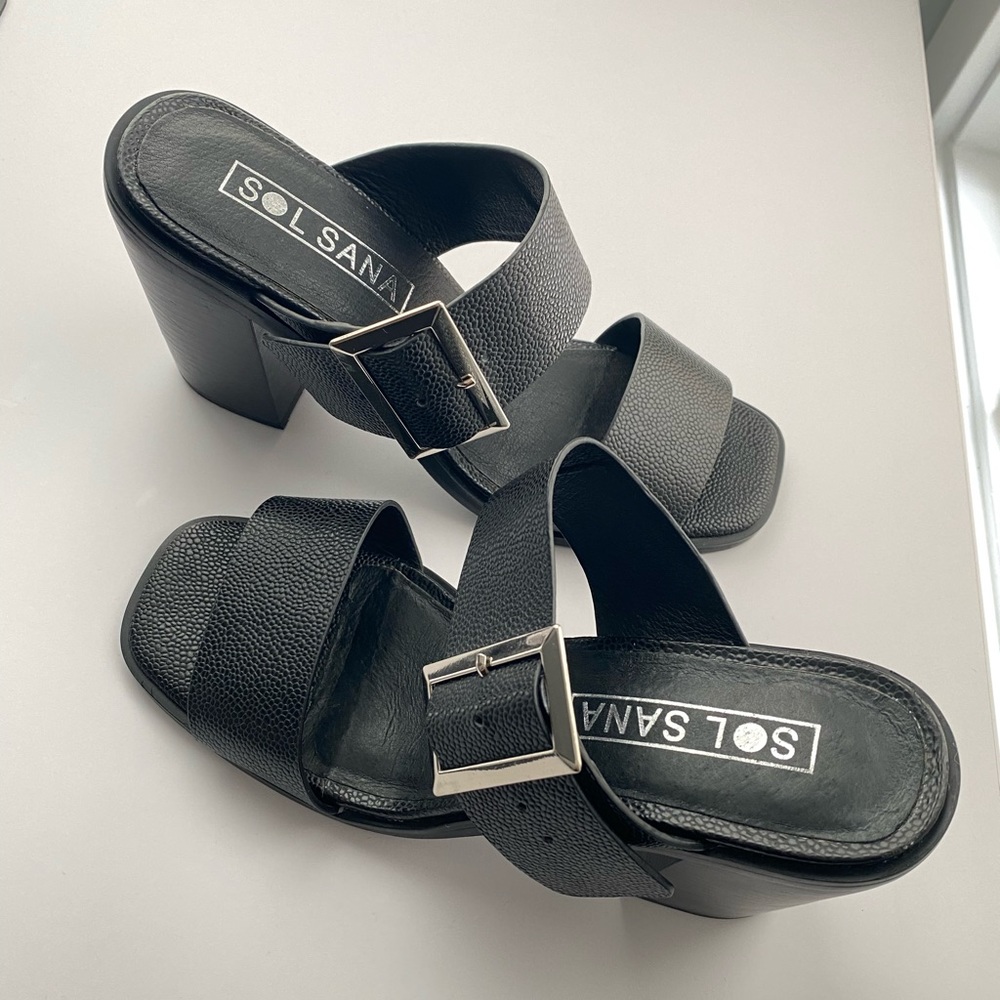 Sol Sana Black Leather Heeled Mule Slip On Sandals
